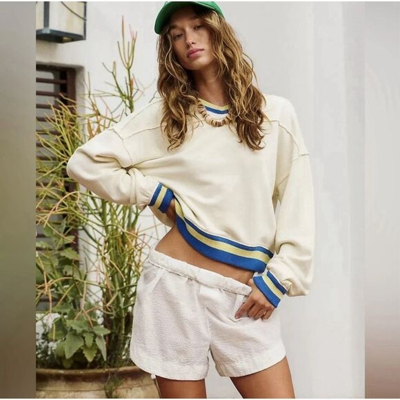 New Free People Rio Crop Sweatshirt in Ivory Combo size Large - Picture 1 of 8
